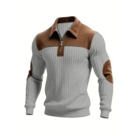 Notched-collar Patchwork Knit Top With Embroidered Zipper Hoodie (Option: Gray-S)